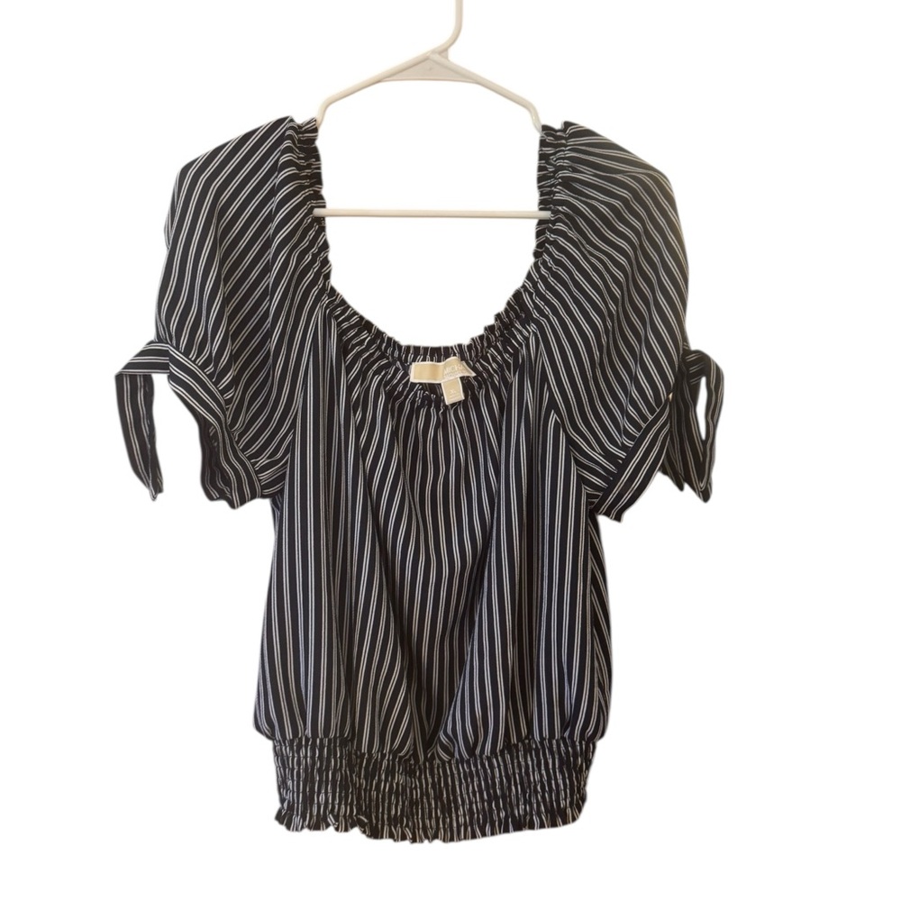 Michael Kors Navy & White Ruched Blouse with Tie Sleeves – Size XL
